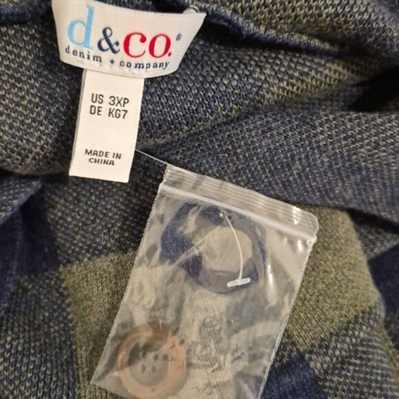 Denim & Co. Plaid Hooded Cardigan 3XP Blue Green Checker Button Front Cozy Knit - Picture 6 of 8